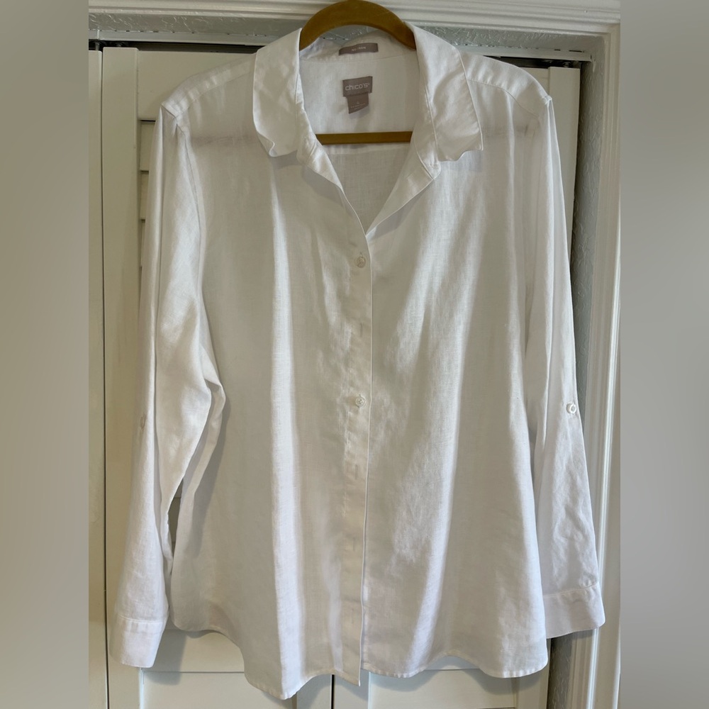 Chico's White No-Iron Linen Button Shirt with roll up sleeves Chicos Size 4
